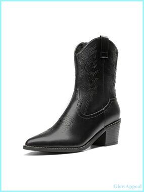 Women's Cowboy Boots Pointed Toe Chunky Heel Zipper Pull-On Western Ankle Boots